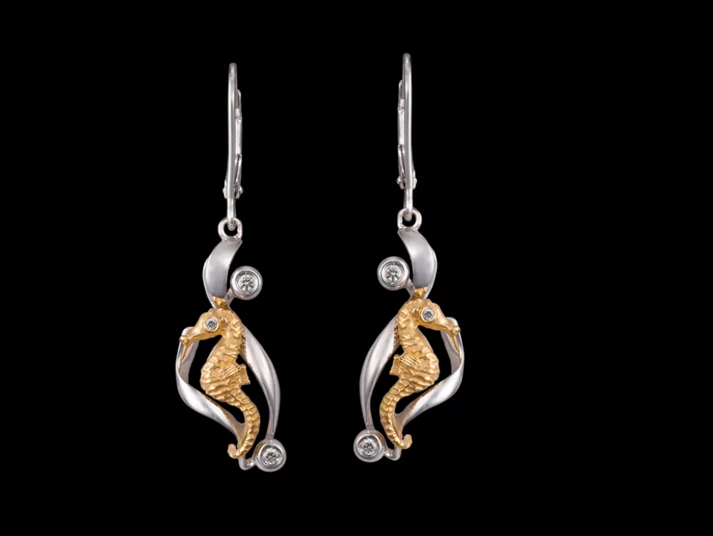 Hawaiian Jewelry | Denny Wong 14K Two Tone Single Sea Horse Earrings With 6 Diamonds