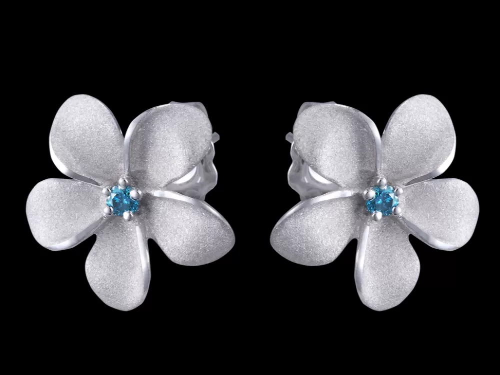 Earrings | Denny Wong 14K White Gold 13Mm Plumeria Earring With Blue Diamond