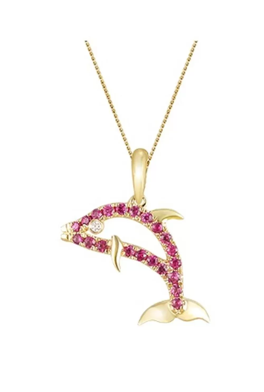 Hawaiian Jewelry | Denny Wong 14K Yellow Gold Dolphin Pendant With Diamond And Hot Pink Sapphires