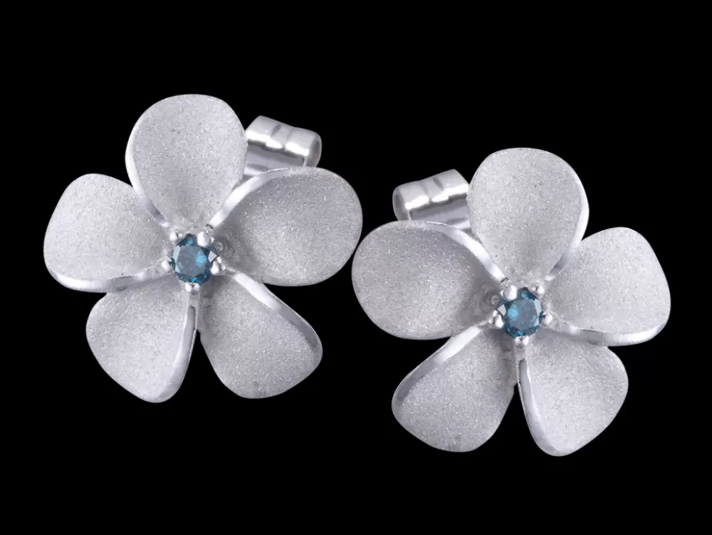 Hawaiian Jewelry | Denny Wong 14Kw/G 11Mm Plumeria Earrings With 2 Blue Diamonds