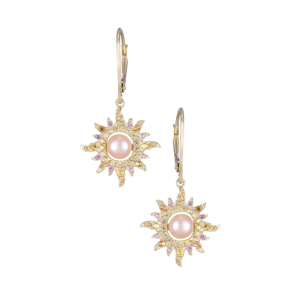Earrings | Denny Wong 14Ky "Sunburst" Leverback Earrings With 74 Colored Sapphires And 2 Peach Fresh Water Pearls