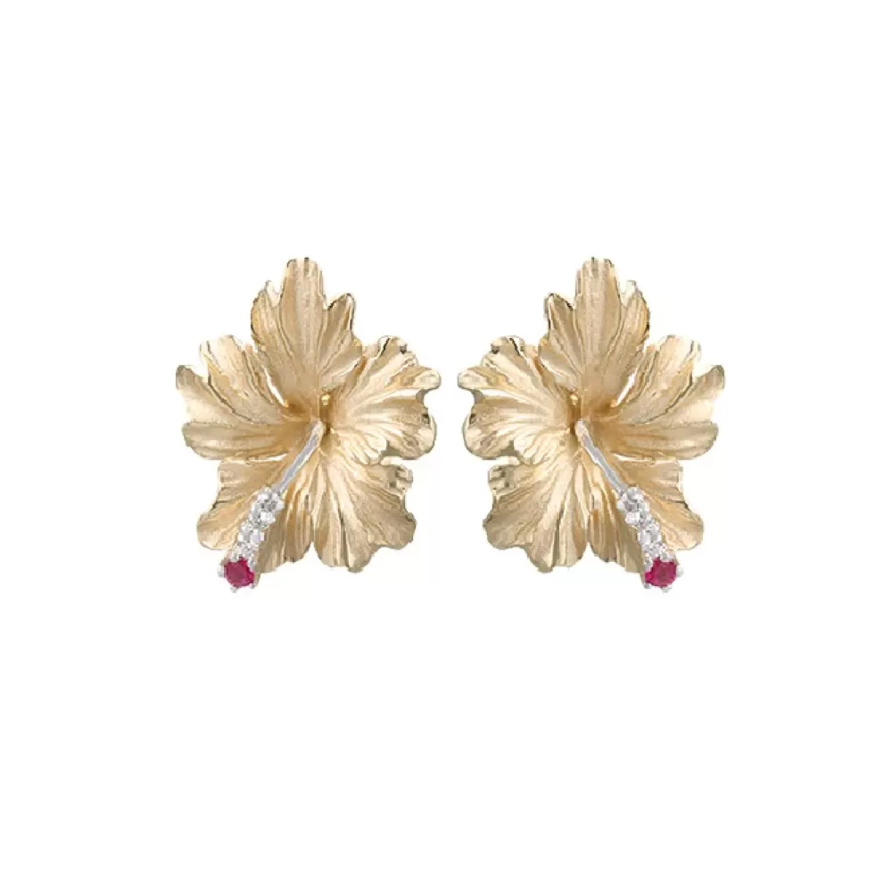Earrings | Denny Wong 15Mm 14K Hibiscus Earrings With 4 Diamonds And 2 Rubies