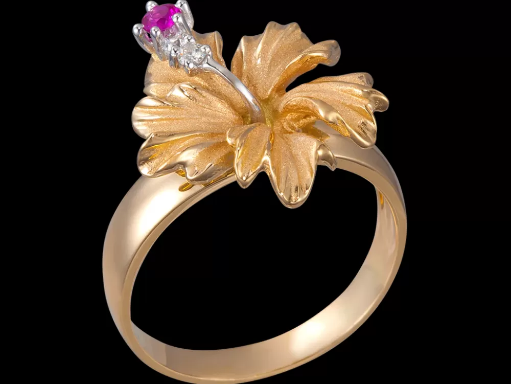 Rings | Denny Wong 15Mm 14K Hibiscus Ring With 2 Diamonds And Ruby