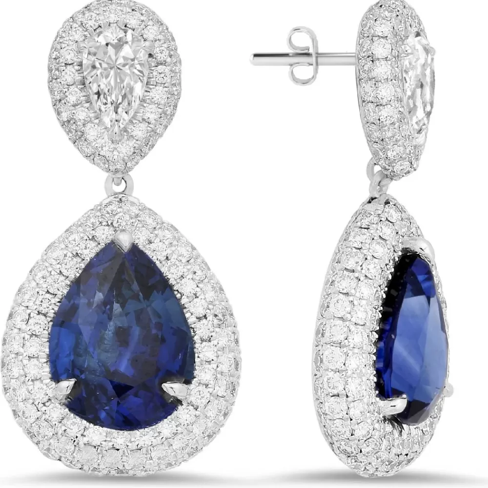 Earrings | Michael John 18K White Gold Earrings With 340 Pcs 2.04 Ct Diamonds And 2 Pcs Sapphire 2.93Ct And 3.06Ct Sapphire