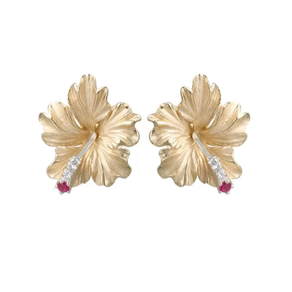 Hawaiian Jewelry | Denny Wong 20Mm 14K Hibiscus Earring With 6 Diamonds And 2 Rubies