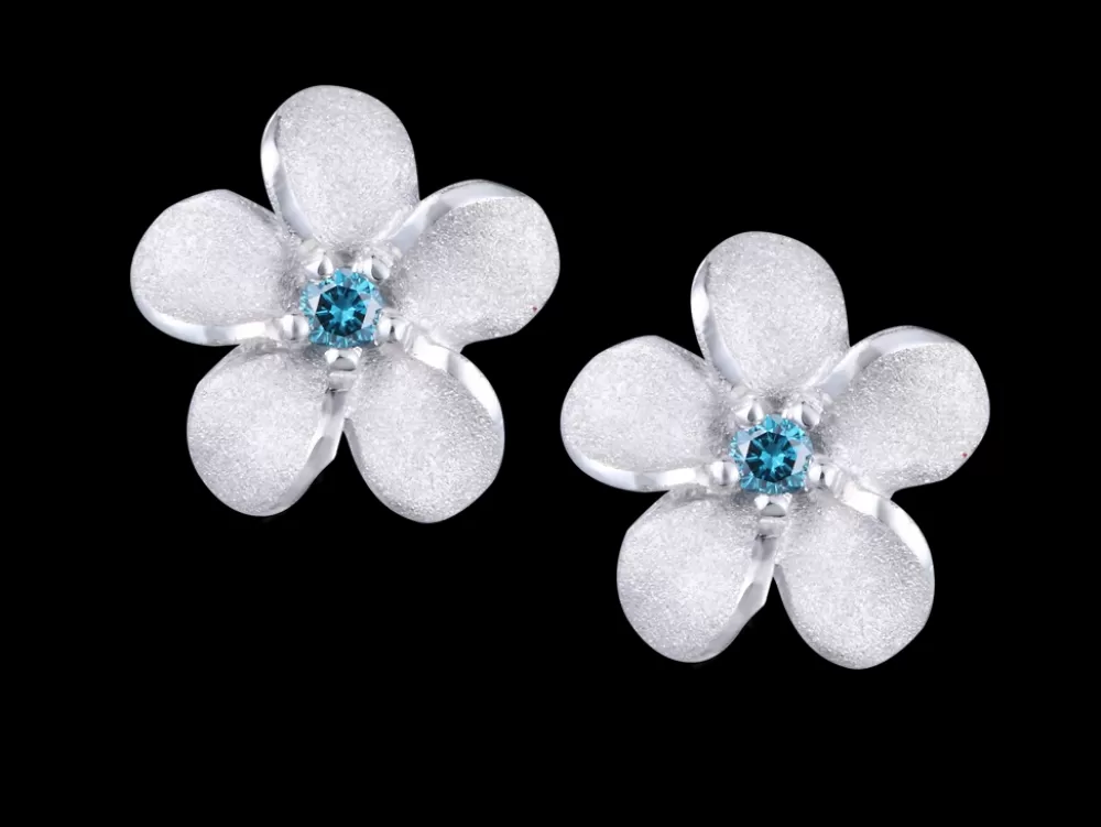 Hawaiian Jewelry | Denny Wong 8Mm 14K Plumeria Earring With 2 Blue Diamonds