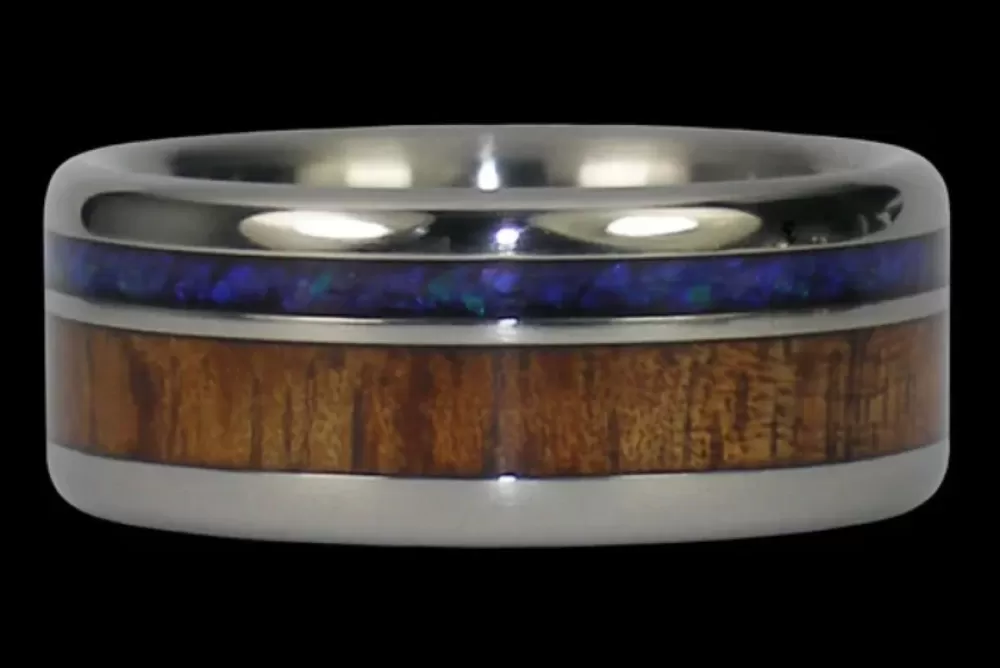 Hawaiian Jewelry | Hawaiian Titanium Rings Black Opal And Dark Koa Wood Hawaii Titanium Ring