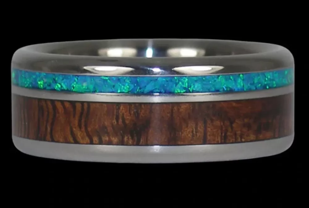 Hawaiian Jewelry | Hawaiian Titanium Rings Blue Opal And Hawaiian Koa Titanium Ring