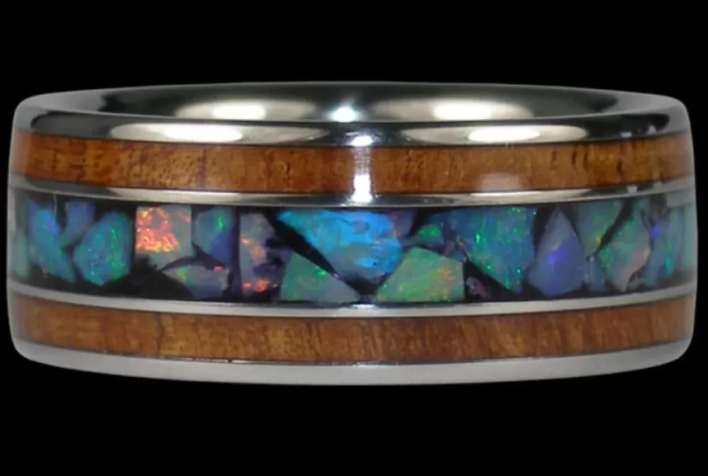 Hawaiian Jewelry | Hawaiian Titanium Rings Blue Opal And Koa Wood Titanium Ring