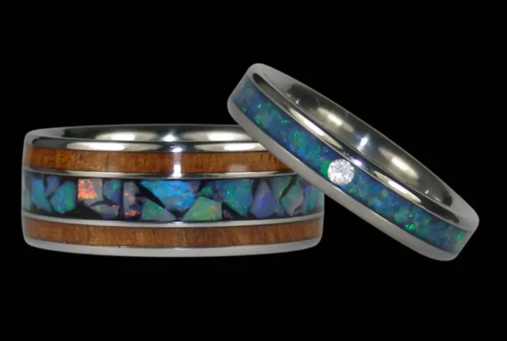 Rings | Hawaiian Titanium Rings Blue Opal And Koa Wood Titanium Ring