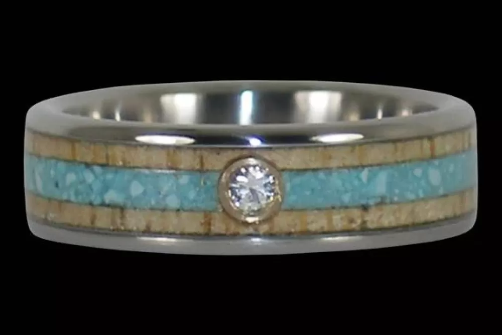 Rings | Hawaiian Titanium Rings Diamond Titanium Ring Band With Turquoise And Mango Wood