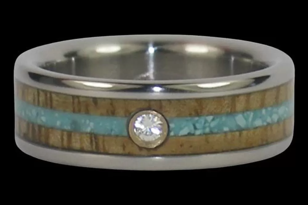 Rings | Hawaiian Titanium Rings Diamond Titanium Ring Band With Turquoise And Mango Wood