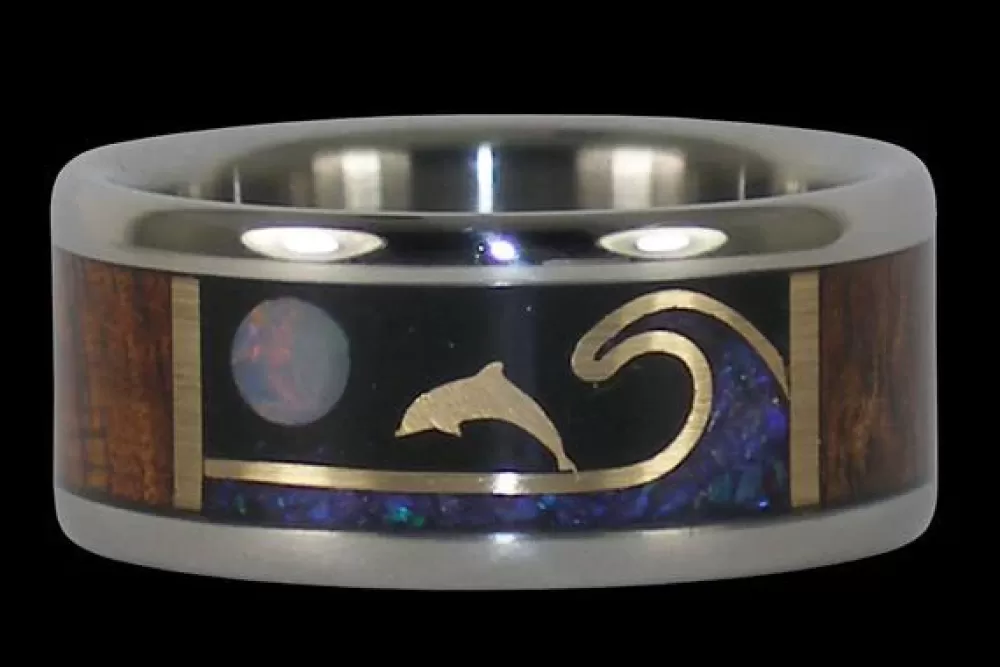 Rings | Hawaiian Titanium Rings Dolphin Ring With Opal And Koa Wood