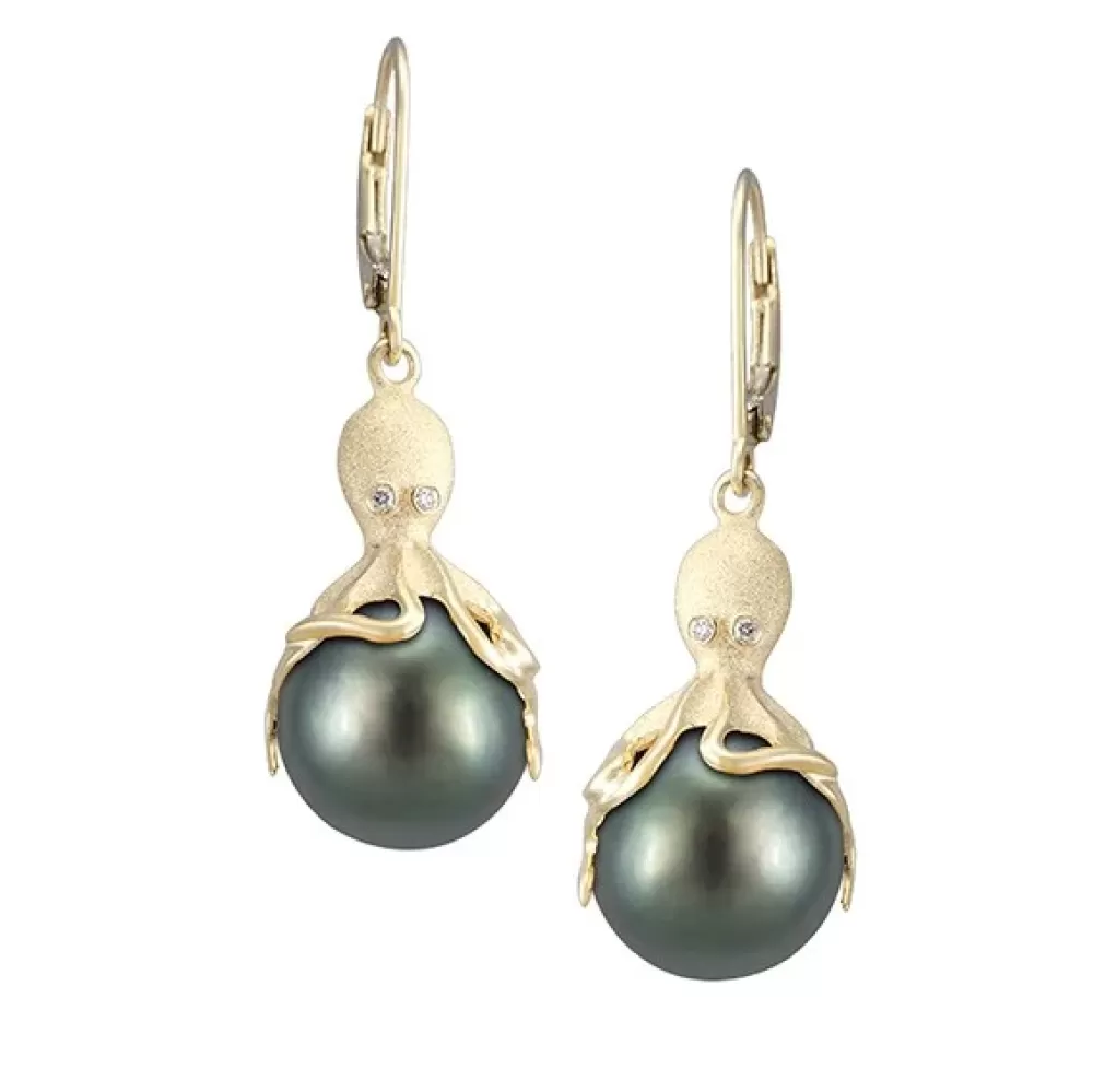 Earrings | Denny Wong Gold Octopus Earrings With 11Mm Tahitian Pearls & Diamonds