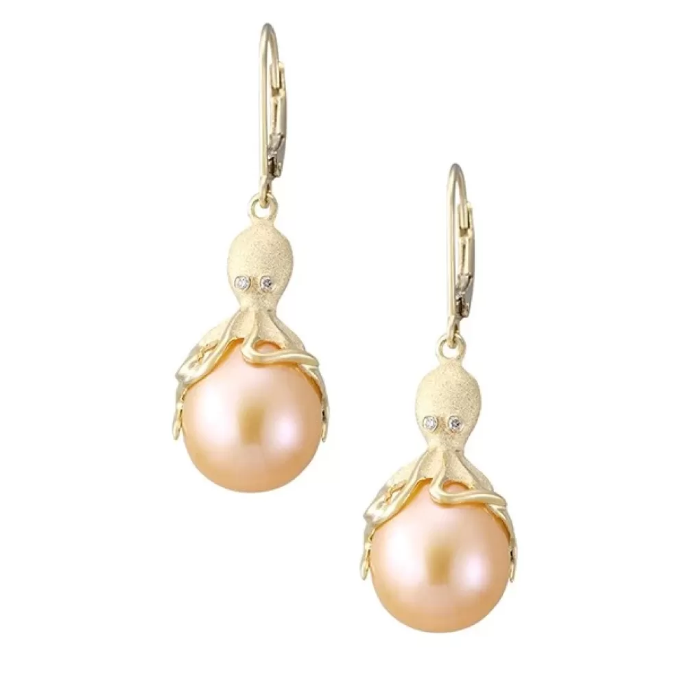 Earrings | Denny Wong Gold Octopus Earrings With Peach Fresh Water Pearls & Diamonds