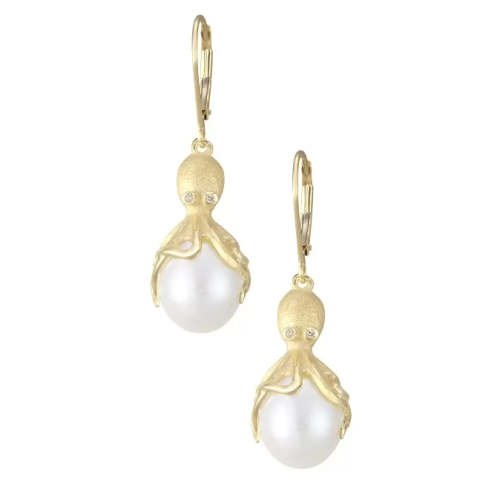 Earrings | Denny Wong Gold Octopus Earrings With White Fresh Water Pearls & Diamonds