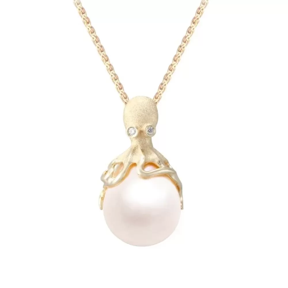 Hawaiian Jewelry | Denny Wong Gold Octopus Pendant With 10Mm White Freshwater Pearl & Diamonds