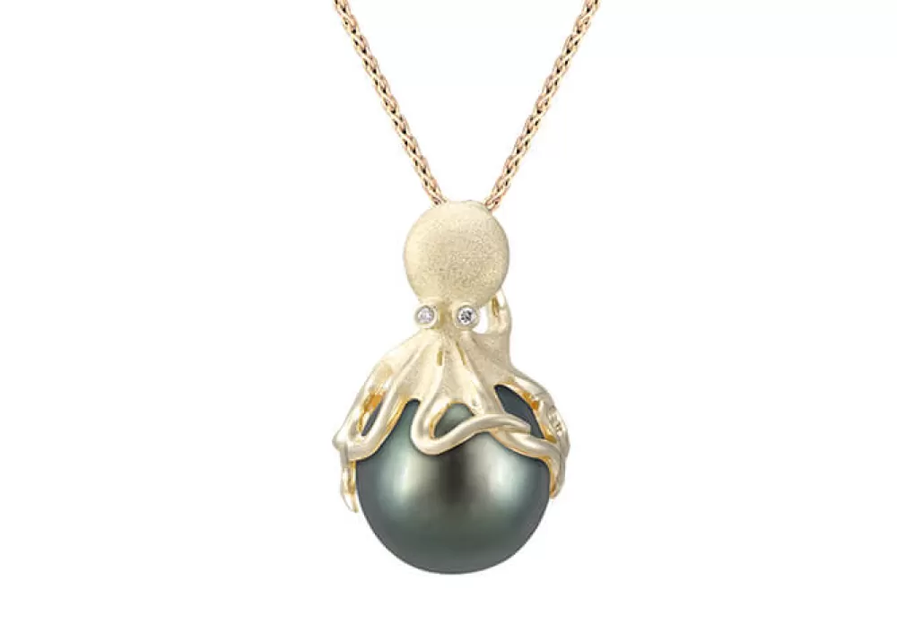 Hawaiian Jewelry | Denny Wong Gold Octopus Pendant With 11Mm Tahitian Pearl & Diamonds