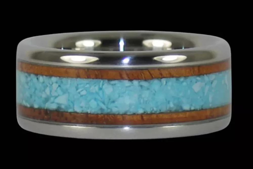 Hawaiian Jewelry | Hawaiian Titanium Rings Koa And Turquoise Titanium Ring Band