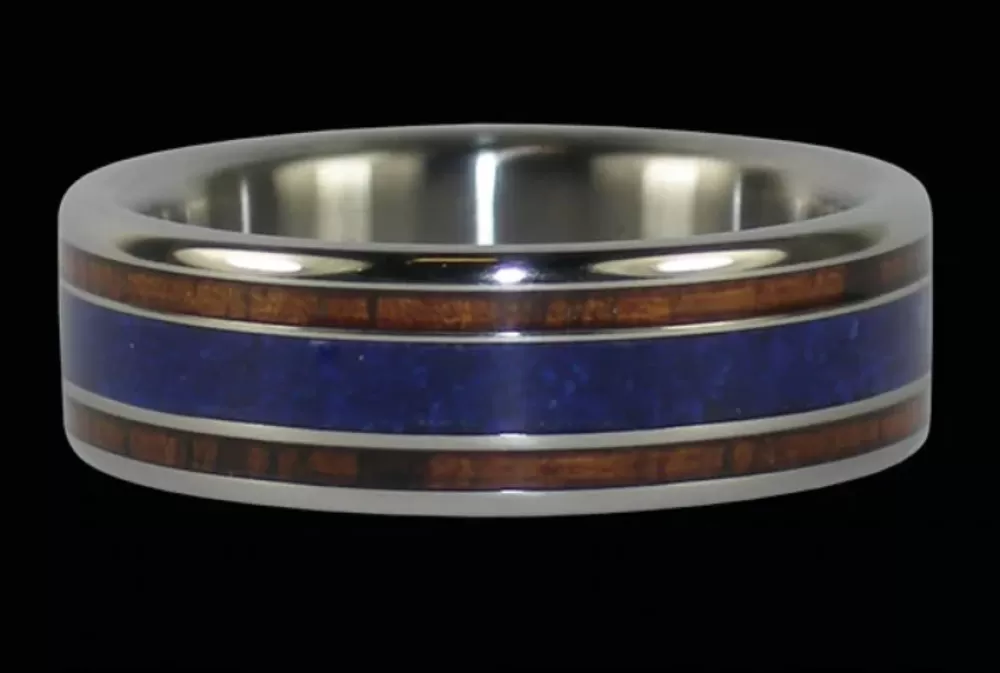 Rings | Hawaiian Titanium Rings Koa Wood Titanium Ring With Lapis Inlay