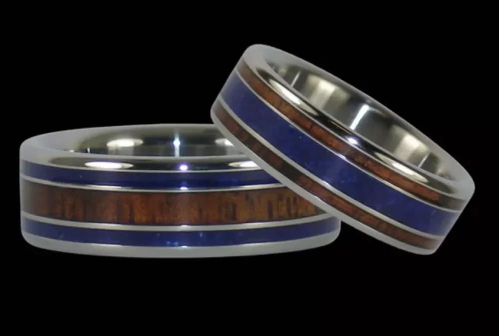 Rings | Hawaiian Titanium Rings Koa Wood Titanium Ring With Lapis Inlay