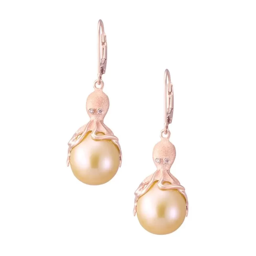 Earrings | Denny Wong Rose Gold Octopus Earrings With Peach Fresh Water Pearls & Diamonds