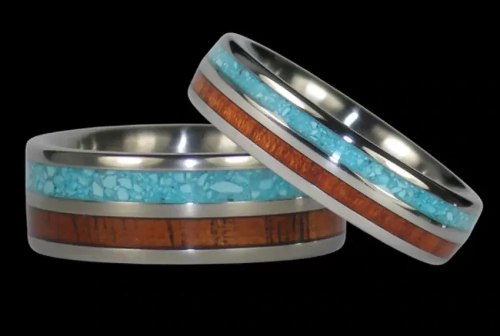 Rings | Hawaiian Titanium Rings Turquoise And Koa Titanium Ring Band