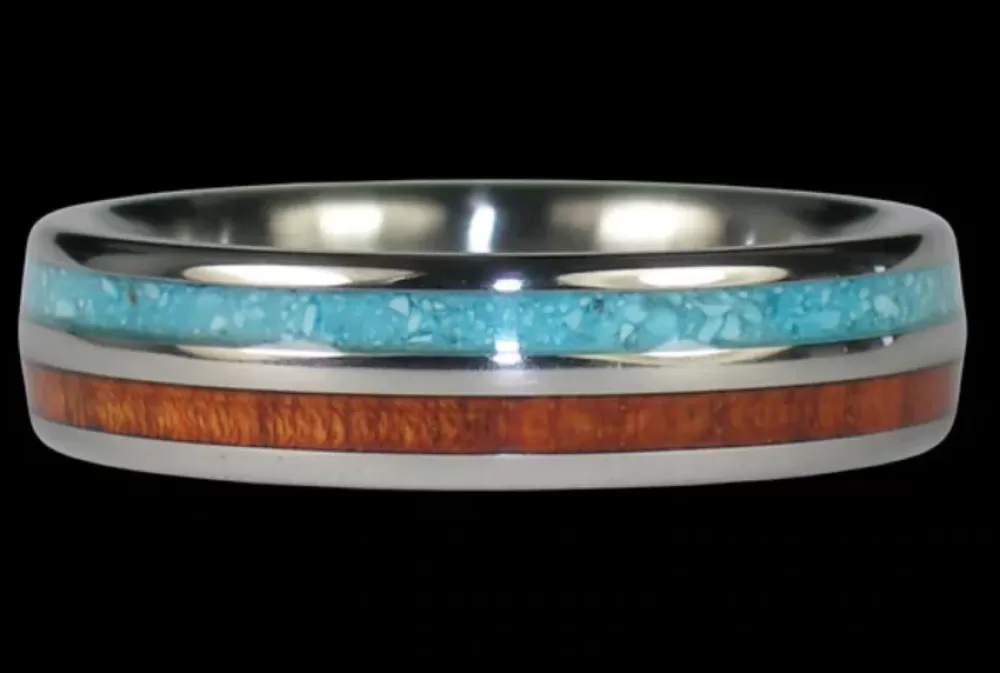 Hawaiian Jewelry | Hawaiian Titanium Rings Turquoise And Koa Titanium Ring Band